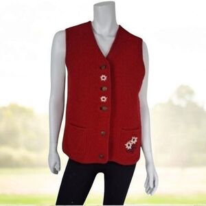 EMILIE vintage women's vest cardigan sleeveless 100% pure wool red embroidery
